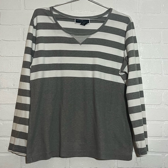 Karen Scott Sweaters - Karen Scott Sweater Grey White Striped Casual Comfort Cotton Blend Large